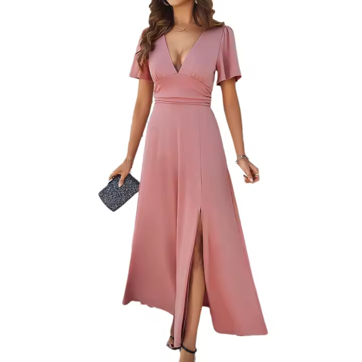 2024 Spring and Summer Pure Color Temperament Slim V-neck Dress - 1