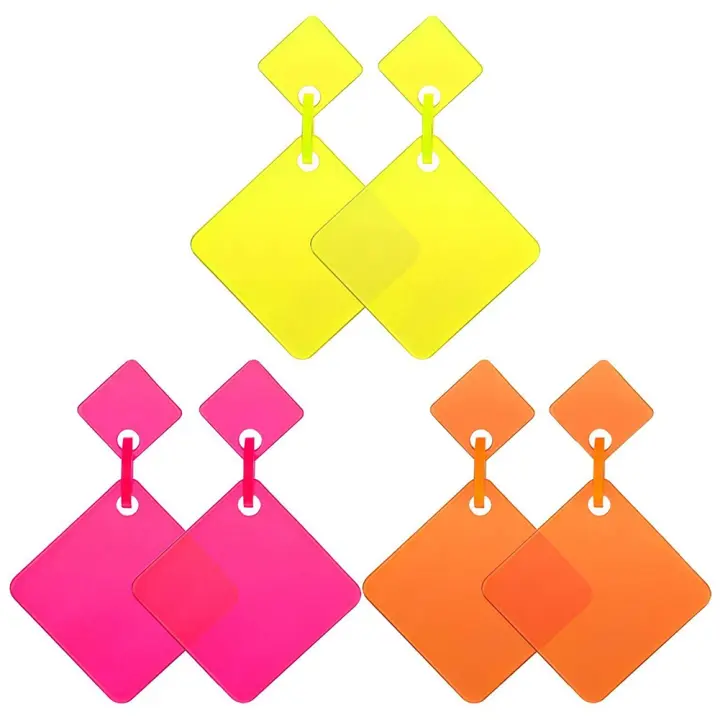 Pendientes Retro de neón para mujer y niña, aretes colgantes cuadrados de los años 80, accesorio de fiesta de Cosplay, 3 pares - 1