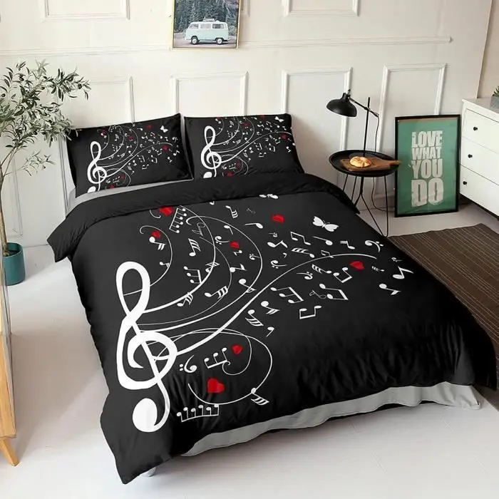 Juego de funda nórdica con notas musicales - MARCA - Negro - Microfibra premium - Cremallera oculta - 140x200cm - 1