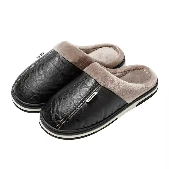 Chinelos De Hombre PU Cuero Impermeables Antideslizantes Cómodos Tamaño Grande Terciopelo Suave De Algodón Invierno Interior - 1
