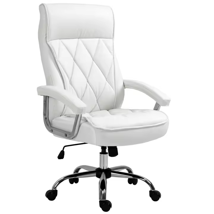 Vinsetto silla ejecutiva silla de oficina silla de escritorio silla giratoria ergonómica con función de balancín altura ajustable patrón de rombos moderno elegante lujoso cuero sintético espuma de metal blanco 66x69x121 cm - 1