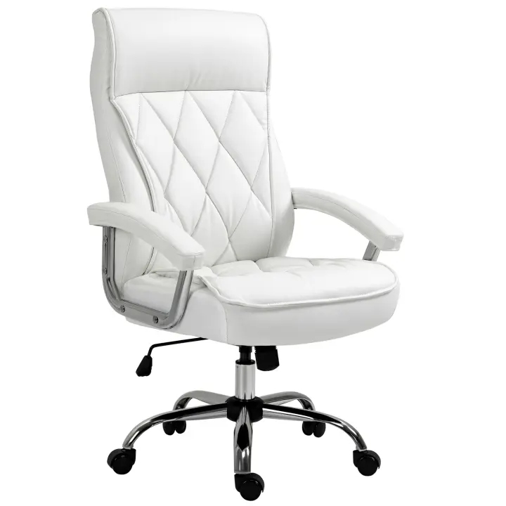 Vinsetto silla ejecutiva silla de oficina silla de escritorio silla giratoria ergonómica con función de balancín altura ajustable patrón de rombos moderno elegante lujoso cuero sintético espuma de metal blanco 66x69x121 cm - 1