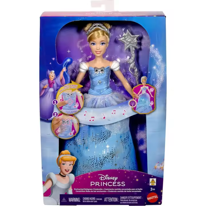 Mattel Disney Princesas Cenicienta con vestido de baile encantado Muñeca inspirada en la película con sonidos y varita mágica que se activa (Mattel JBF94) - 1