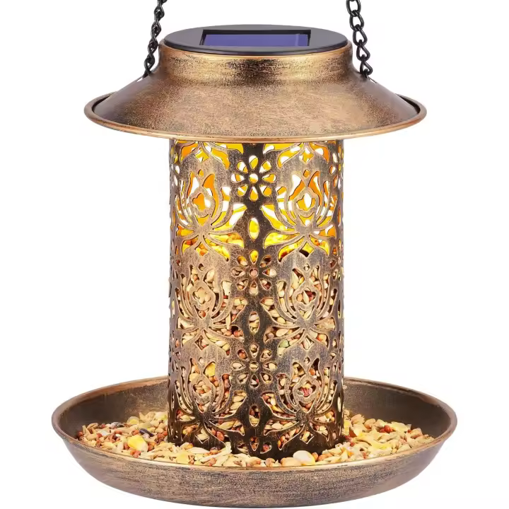 Comedero solar para pájaros - Comedero solar para pájaros - Lámpara colgante - Comedero colgante de metal - Proyector de luz para pájaros al aire libre - Regalo para amantes de las aves - Decoración de jardín - 1