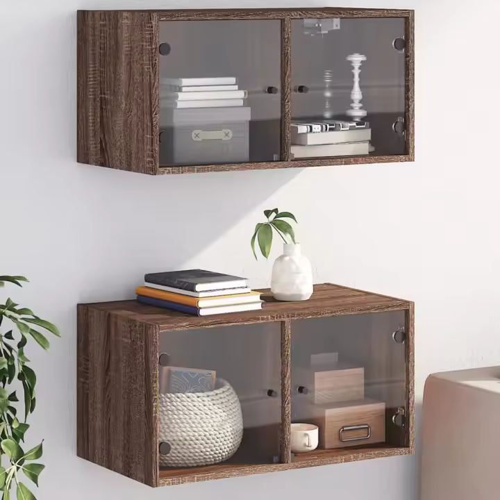 vidaXL Mueble pared puertas vidrio 2 uds roble marrón 68,5x37x35 cm - 1