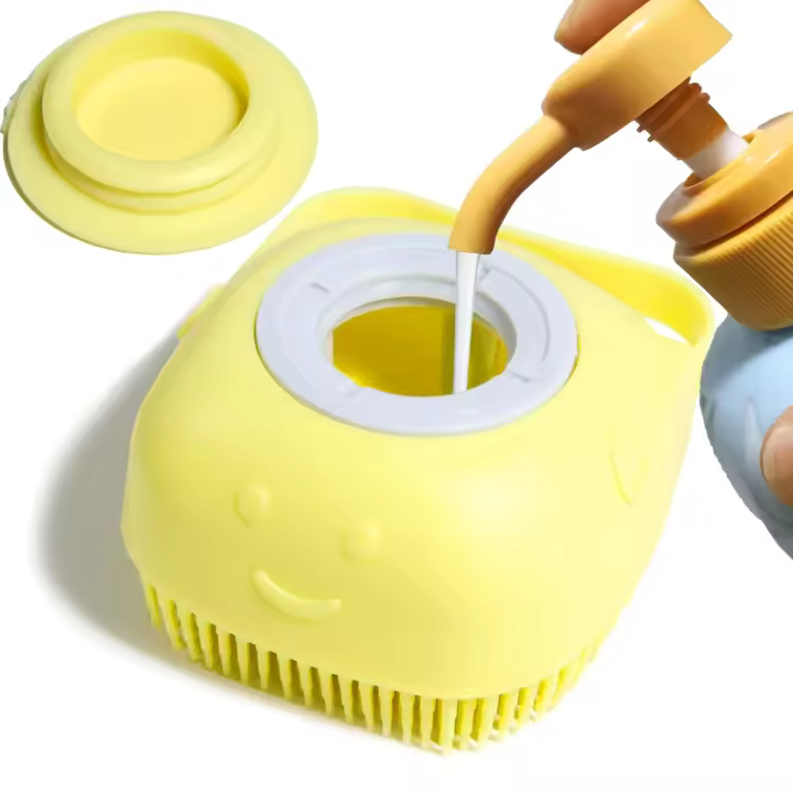 Cepillo de baño para perros, cepillo de masaje para mascotas, dispensador de champú, cepillos de silicona suave con cerdas de goma (amarillo) - 1