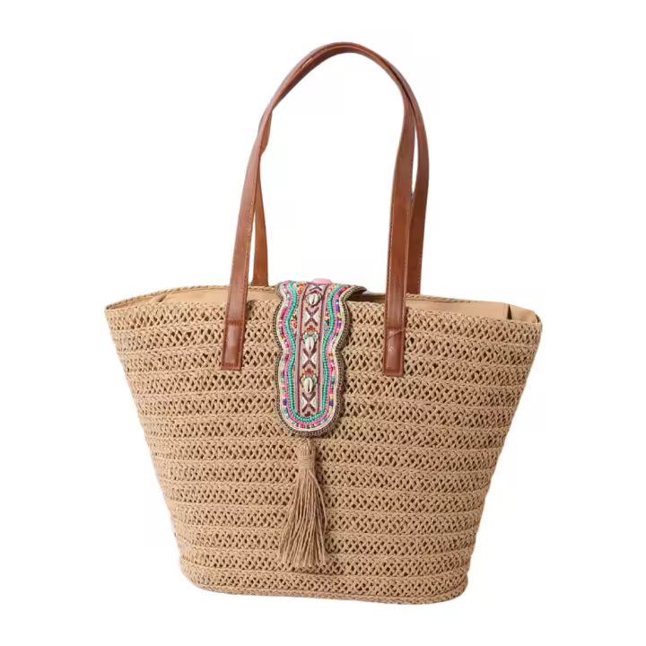 Bolso de Hombro grande Troquelado estilo cesta cierre solapa deco étnico con borlas. Bolso grande veraniego 50x30 cm de mujer para playa, vacaciones, rutina - 1