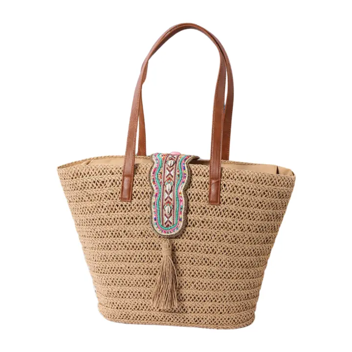 Bolso de Hombro grande Troquelado estilo cesta cierre solapa deco étnico con borlas. Bolso grande veraniego 50x30 cm de mujer para playa, vacaciones, rutina - 1