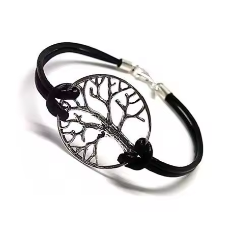 Pulsera De Plata Y Cuero Árbol De La Vida - 1