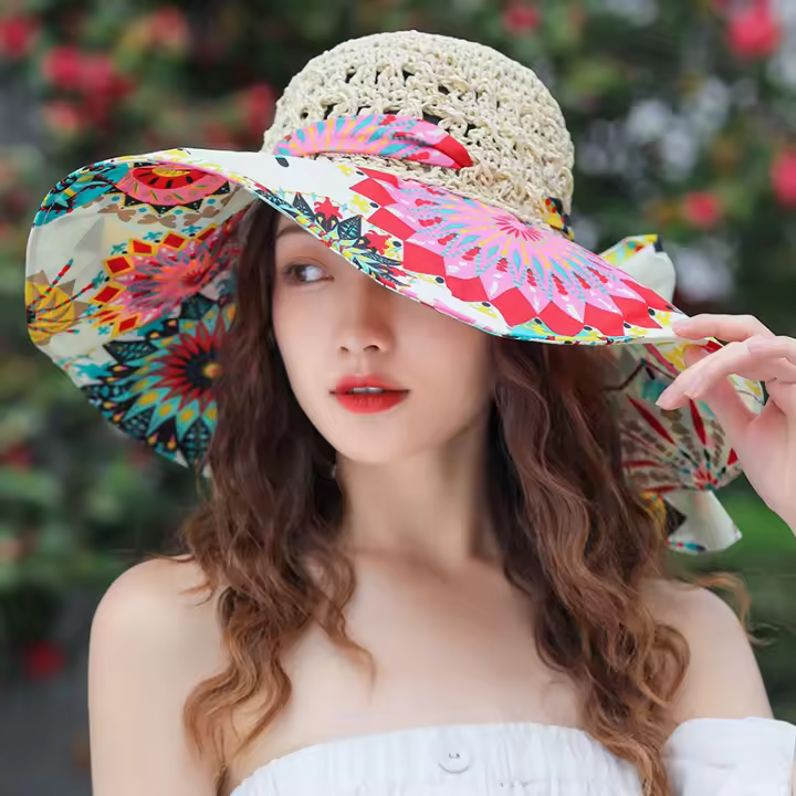 Sombrero De Paja Plegable Para Mujer Verano 2023 Moda Protección UV Sombrilla Playa Casual Con Lazo Talla Única Color Natural - 1