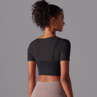 Camiseta de manga corta para Yoga, Top Sexy de Doble Capa, ropa de Malla empalmada, Sujetador Deportivo para correr y Fitness, Color sólido, Mujer - details 26