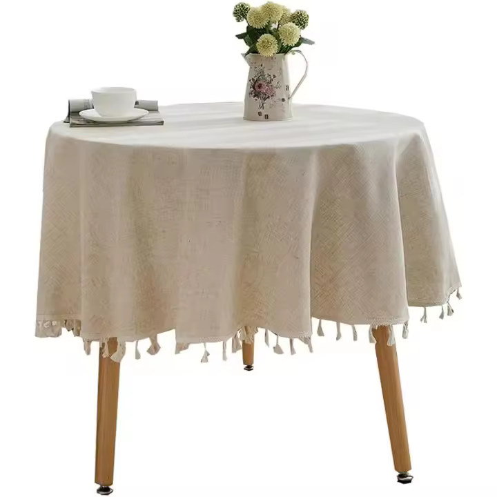 Mantel redondo de color sólido con borlas, de lino y algodón, para cocina, comedor, estilo rústico - 1