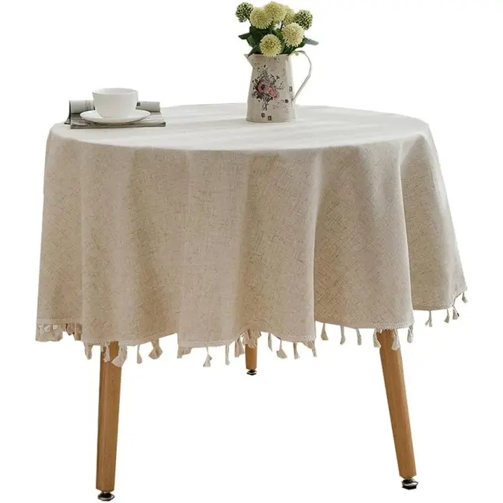 Mantel redondo de color sólido con borlas, de lino y algodón, para cocina, comedor, estilo rústico - 1