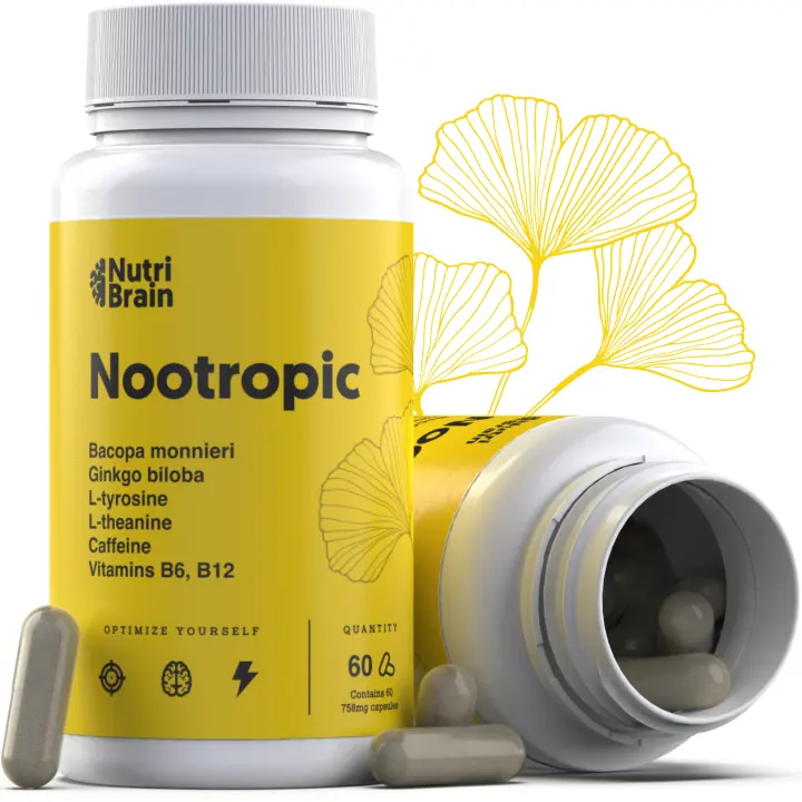 Nootrópico Natural Envase XL 60 Cápsulas  Fórmula para incrementar la energía, concentración y agilidad mental  Cafeína, Ginko Biloba, Tirosina, Teanina, Bacopa Monnieri y Vitaminas  NUTRIBRAIN - 1