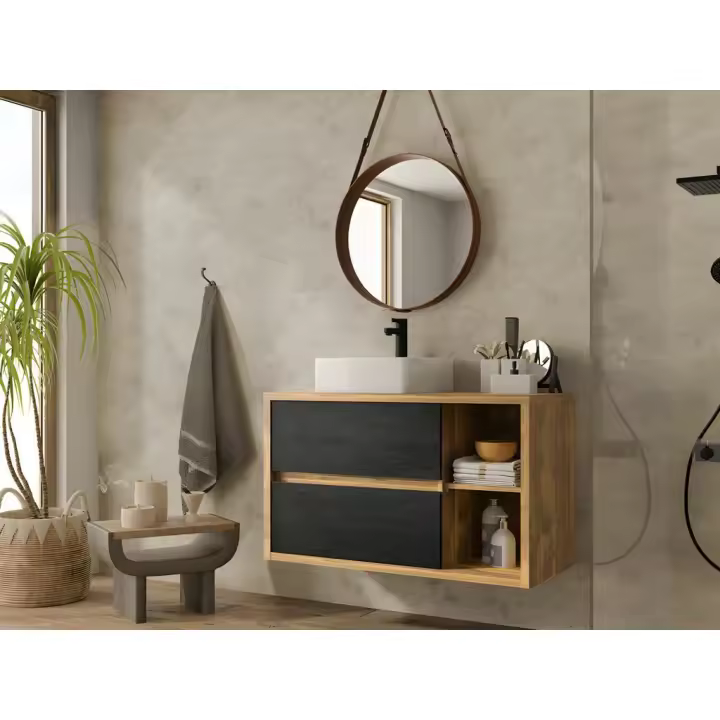 Vente-unique - Mueble de lavabo suspendido color natural y antracita - 100 cm - TIKITIKI - 1