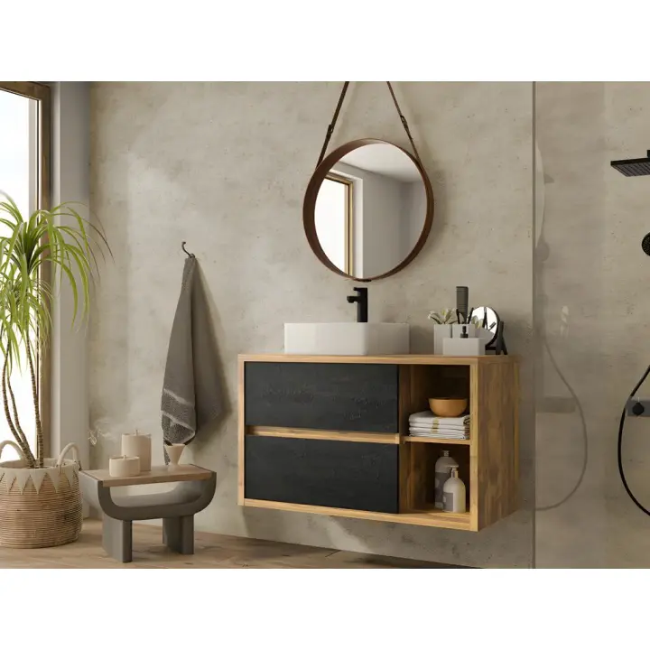 Vente-unique - Mueble de lavabo suspendido color natural y antracita - 100 cm - TIKITIKI - 1