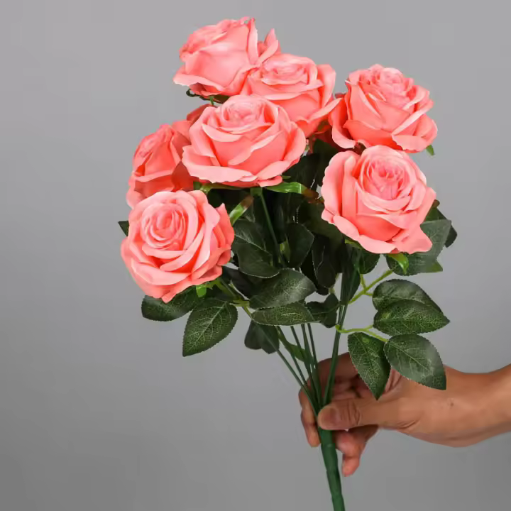 Ramo De Rosas Artificiales En Rosa Y Roja Decoración Para Bodas Y Hogar 9 Cabezas De Flores De Seda Flores Falsas Para Adornos Florales - 1