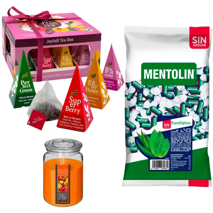 Pack bienestar: MENTOLIN EUCALIPTUS S/A BOLSA 1KG + Vela Perfumada de Frutas Exóticas 510g  + WELL HOME - Caja de Té Joyfull con variedad de sabores - 1