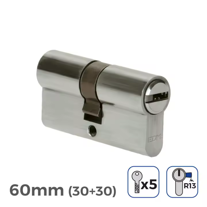 BOMBIN NIQUEL 60mm (30+30mm) LEVA CORTA R13 CON 5 LLAVES SEGURIDAD INCLUIDAS EDM - 1