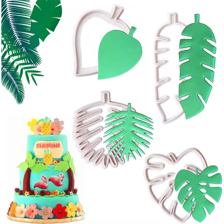 4 de cuchillas de hoja tropical, Moldes de Galletas, Molde de decoración de pasteles, Moldes de Hojas de plástico para pasta de Goma, juego de accesorios de Decoración de Pastel para hornear - 1
