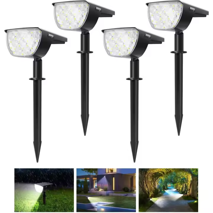 【Paquete de 4 30 LED】Focos Solares para Exterior, IP67, impermeables, Solares, regulables, con panel solar de 180 °, iluminación exterior alimentación por Energía Solar para Jardín, patio, chimenea, entrada... - 1