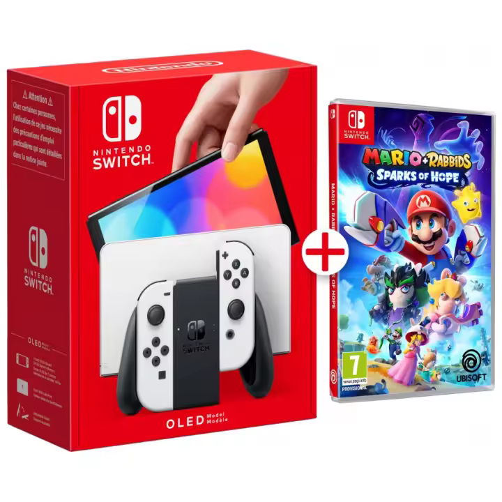 CONSOLA NINTENDO SWITCH OLED BLANCA + JUEGO FÍSICO MARIO RABBIDS SPARKS OF HOPE JUEGO FÍSICO - 1
