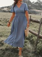 Vestido Casual De Verano Para Mujer 2024 AliExpress Con Cuello En V Manga Corta Y Abertura Midi De Poliéster Estilo Europeo Y Americano - details 4