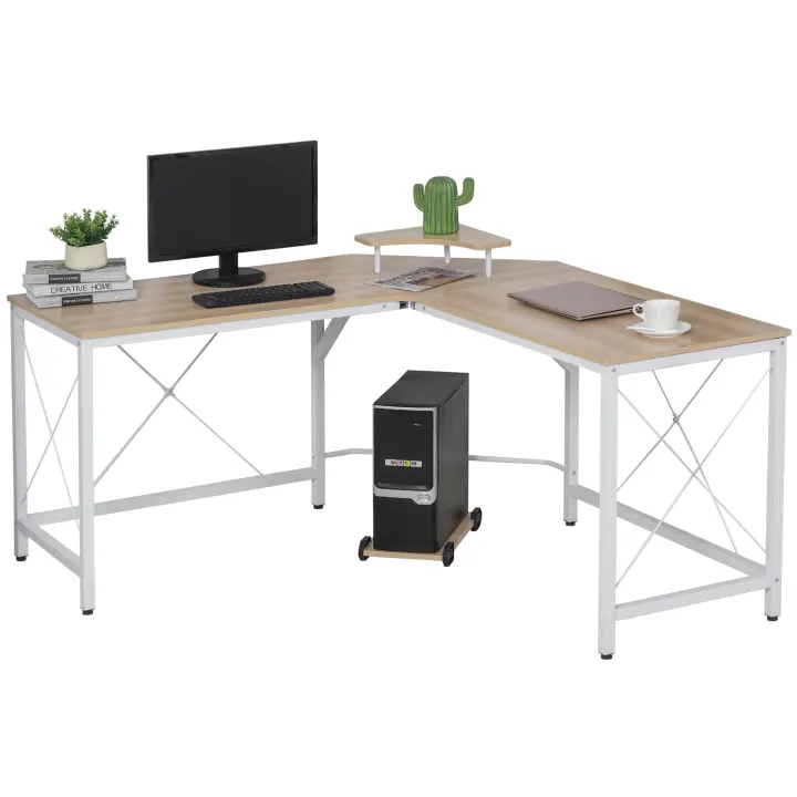 HOMCOM Mesa de Escritorio en Forma de L Escritorio de Ordenador con Soporte de Monitor Estante Independiente para Torre y Estructura con Refuerzo en X 150x150x76 cm Color Madera y Blanco - 1