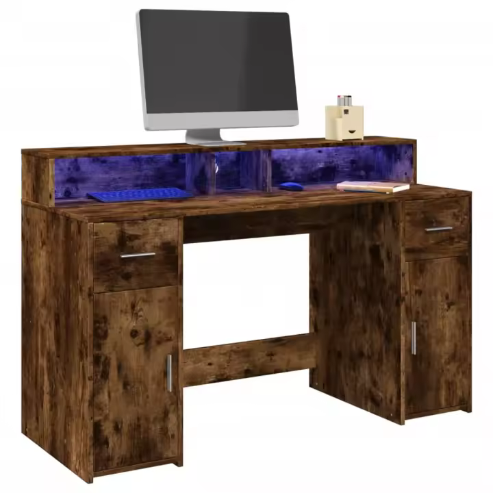 vidaXL Escritorio con LED madera ingeniería envejecida 140x55x91 cm en color Madera antigua/Roble Sonoma/Gris hormigón y más | estructura resistente ideal para salón dormitorio o estudio - 1