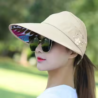 Sombrero De Visera Con Decoración De Flores Y Perlas Para Mujeres Y Niñas Protección UV Plegable Estilo Trendy Para Actividades Al Aire Libre En Verano - 1