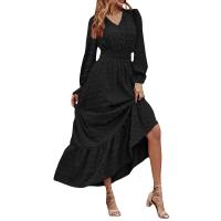 Vestido Bohemio Largo De Maxi Para Mujer Con Cintura Elástica Y Estampado A-Line Manga Larga Vestido De Dama Con Volante Y Hemorragia Suave Para Primavera Y Otoño - details 3