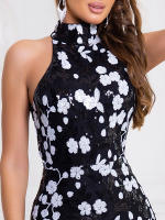 Vestido Largo De Noche Con Floral Y Lentejuelas Cuello Alto Sin Mangas Elegante Ajustado Para Fiesta Boda Maxi Gown - details 6