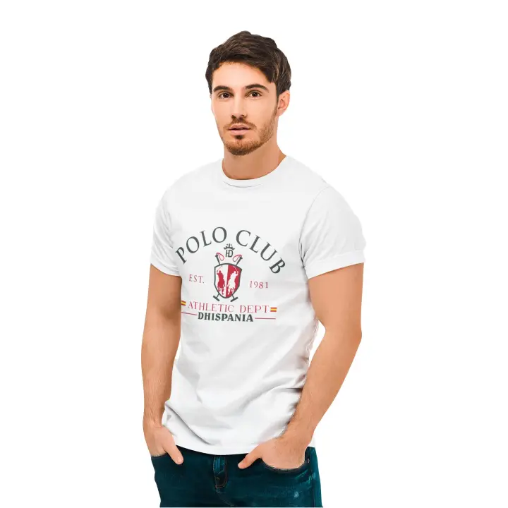 HD Dhispania Camiseta Hombre - manga corta - color blanco de la marca  Dhispania  campeonato de polo dhispania , lleva impresión digital para su larga durabilidad  lleva  banderas de España , disponible en tallas : S , M, L , XL , XXL - 1