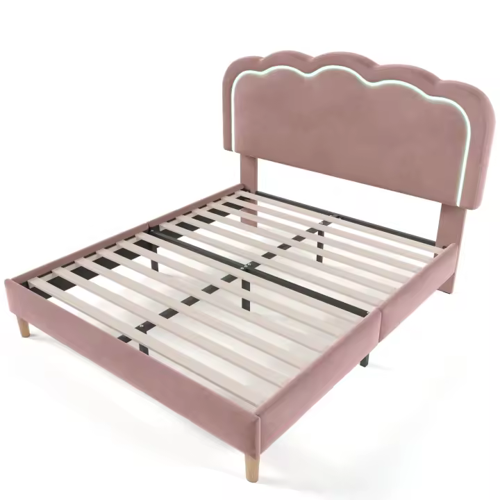 Cama Doble Tapizada LED 140x200 cm, Somier with Somier de Lamas y Cabecero Ajustable, Cama Tapizada Rosa, Somier Dormitory Juvenil Cama de Invitados Terciopelo - 1