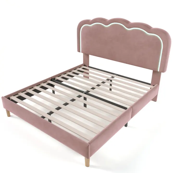 Cama Doble Tapizada LED 140x200 cm, Somier with Somier de Lamas y Cabecero Ajustable, Cama Tapizada Rosa, Somier Dormitory Juvenil Cama de Invitados Terciopelo - 1