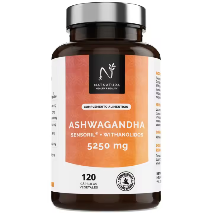 N NATNATURA HEALTH & BEAUTY - Ashwagandha Cápsulas Sensoril® 5250 mg/día | Equilibrio emocional, concentración y rendimiento físico | Vegano | 120 cápsulas vegetales. - 1