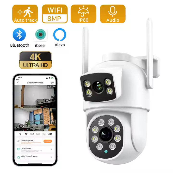 Cámara Wifi 8MP 4K HD PTZ lente Dual pantalla Dual cámara de vigilancia en exterior visión nocturna en Color CCTV cámara IP de seguridad aplicación ICSEE - 1