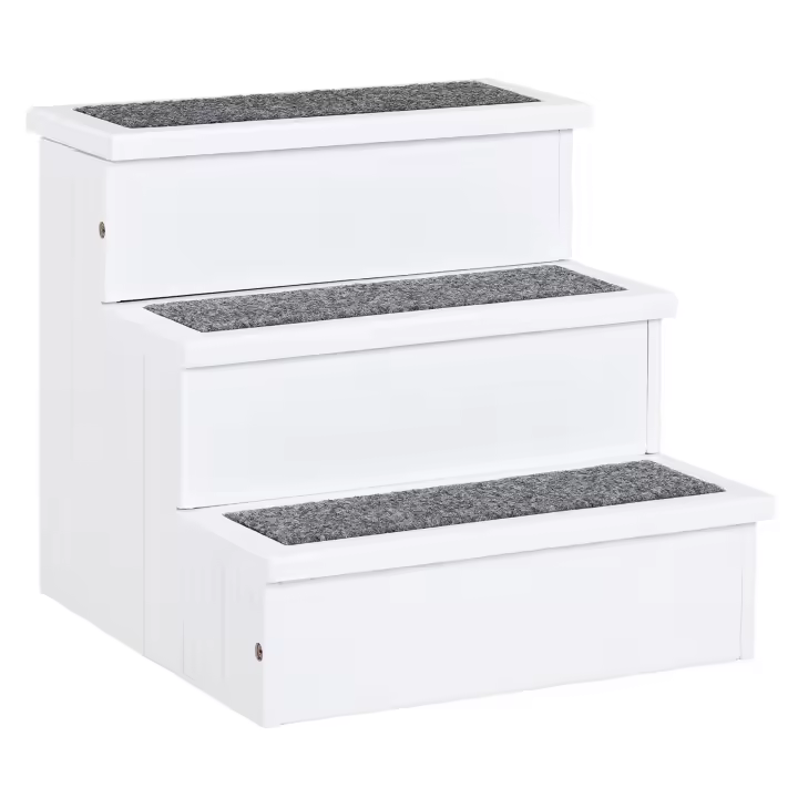 PawHut Escalera para Mascotas 3 Peldaños con Espacio de Almacenaje y Alfombra Antideslizantes Portátil Madera para Vehículo Carga 30 kg 40,5x44,5x38 cm - 1