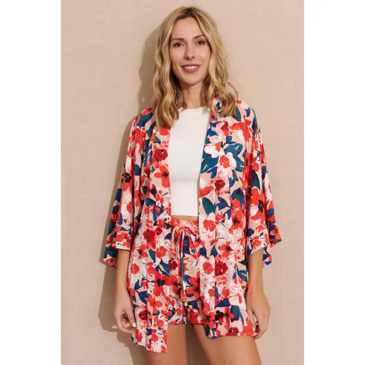 KIMONO CORTO ESTAMPADO FLOR ACALIA - Kimono, Chaqueta Abierta, Estampado Flores, Rayón, Primavera Verano para Mujer - 1