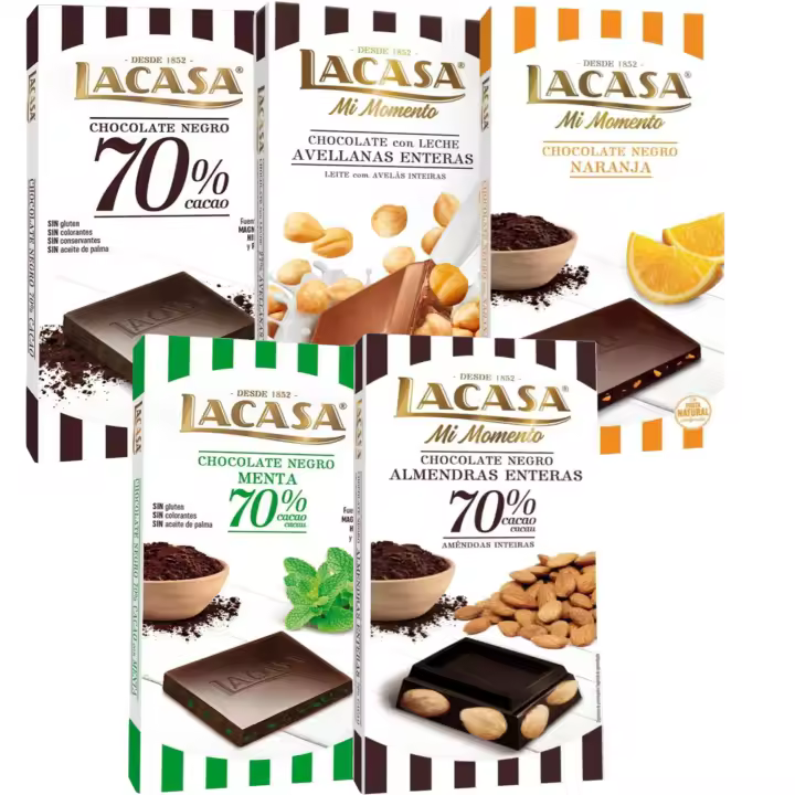 Lacasa pack 5 tabletas de chocolate:leche avellanas , naranja chocolate negro ,negro 100g , menta y chocolate , almendra 200g - 1