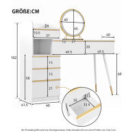Cómoda with Espejo LED Iluminado Regulable (Luz Fría/Caliente) | 6 Cajones with Tiradores Dorados en Bronce + Mesita Extensible | Diseño Moderno Blanco Matt-102x100x41.5 cm | Ideal para Baño/Dormitorio - Sin Taburete, montaje Facil - details 4