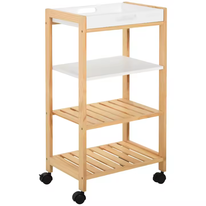 HOMCOM Carrito de Cocina Carrito de Servicio Doméstico de 4 Niveles con Una Bandeja Extraíble Estante Ruedas Universales 40x30x76 cm Blanco Madera - 1