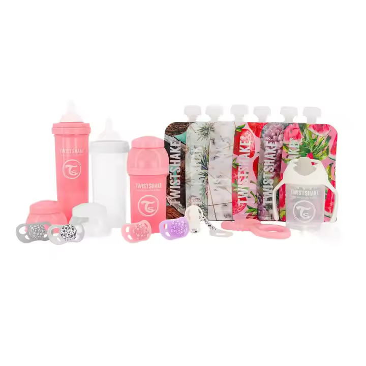 Twistshake Botellas Rosa 3 + Minicup + 4 Chupetes + Cadenita + Mordedor + 6 Bags Pack - 1