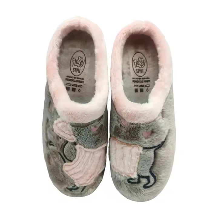 Flossy Zapatillas de casa mujer  cómodas, flexibles, ligeras y gran confort , con plantilla extraíble y suela perfumada , antideslizante , fabricadas en España con ilustración de perro salchicha color niebla. - 1
