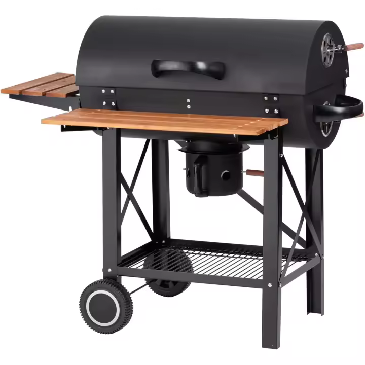 Barbacoa de Carbón Louisiana, Acero/Madera, Mesas Plegables, con Ruedas, Estantería Inferior, Negro - 1