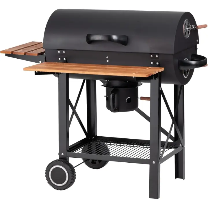 Barbacoa de Carbón Louisiana, Acero/Madera, Mesas Plegables, con Ruedas, Estantería Inferior, Negro - 1