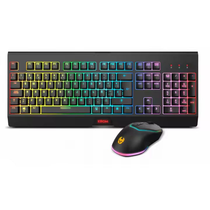 KROM KABALA - Kit Teclado membrana inalámbrico RGB Rainbow retroiluminado, 6 teclas Anti-Ghosting, Raton Óptico inalámbrico 6 niveles DPI 800-4800 on-the-fly, Compatible PC, Layout español, Negro - 1