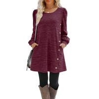 Vestido Casual Para Mujer De Color Sólido Con Botones Manga Larga Cuello Redondo A-Line Largo Hasta La Rodilla Fashion - details 26