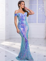 Vestido De Noche De Suelo Azul Con Lentejuelas Romagic Vestido De Boda De Hombros Descubiertos Exquisito Vestido De Fiesta Prom Para Mujeres Sin Mangas Silueta De Sirena - details 10