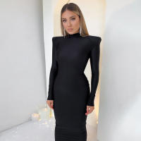 Vestido Largo Bodycon Verde Elegante Para Mujer Con Hombros Acolchados Manga Larga Estilo Club Fiesta Primavera Otoño High Stretch - details 15